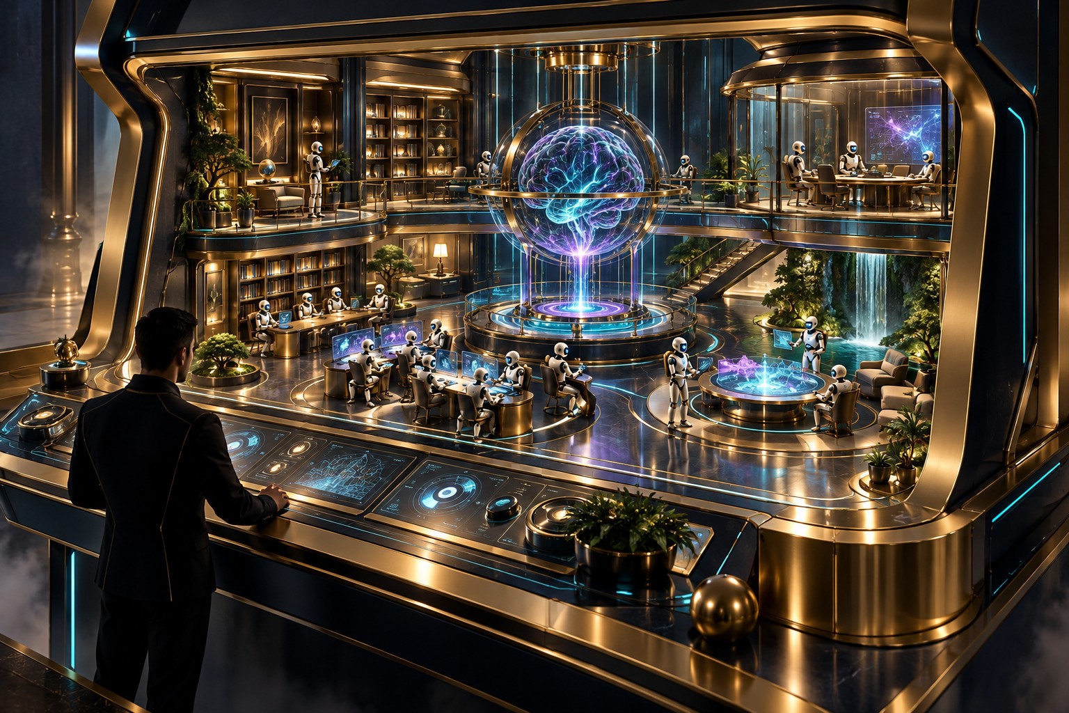 Premium concept illustration of TITAN Arcade: a human supervisor, specialist robots, workstations and a glowing central brain.